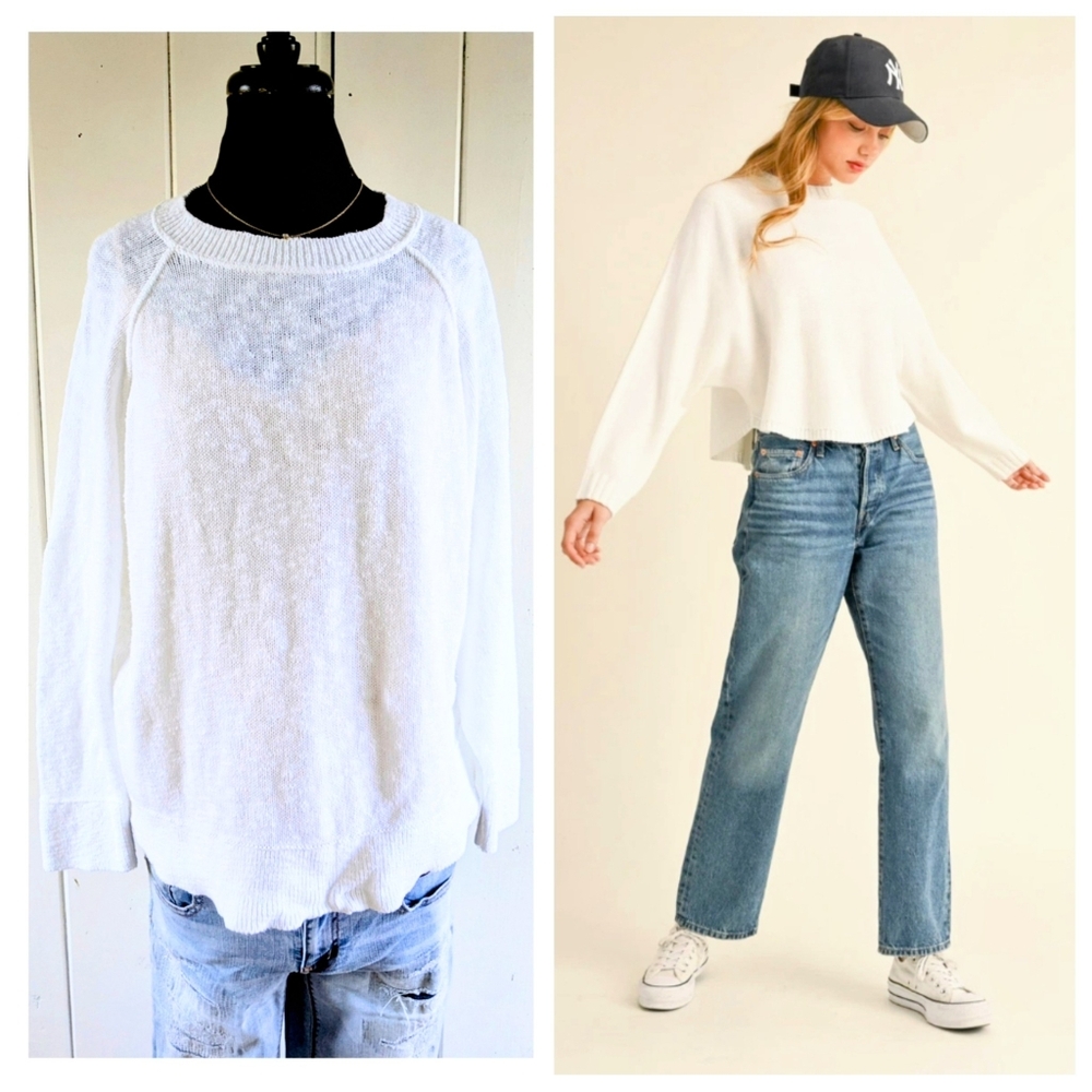 Avalin White Cotton Crewneck Sweater One Size